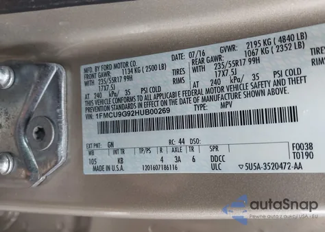 2017 Ford Escape Se z USA, uszkodzony, nr VIN 1FMCU9G92HUB00269